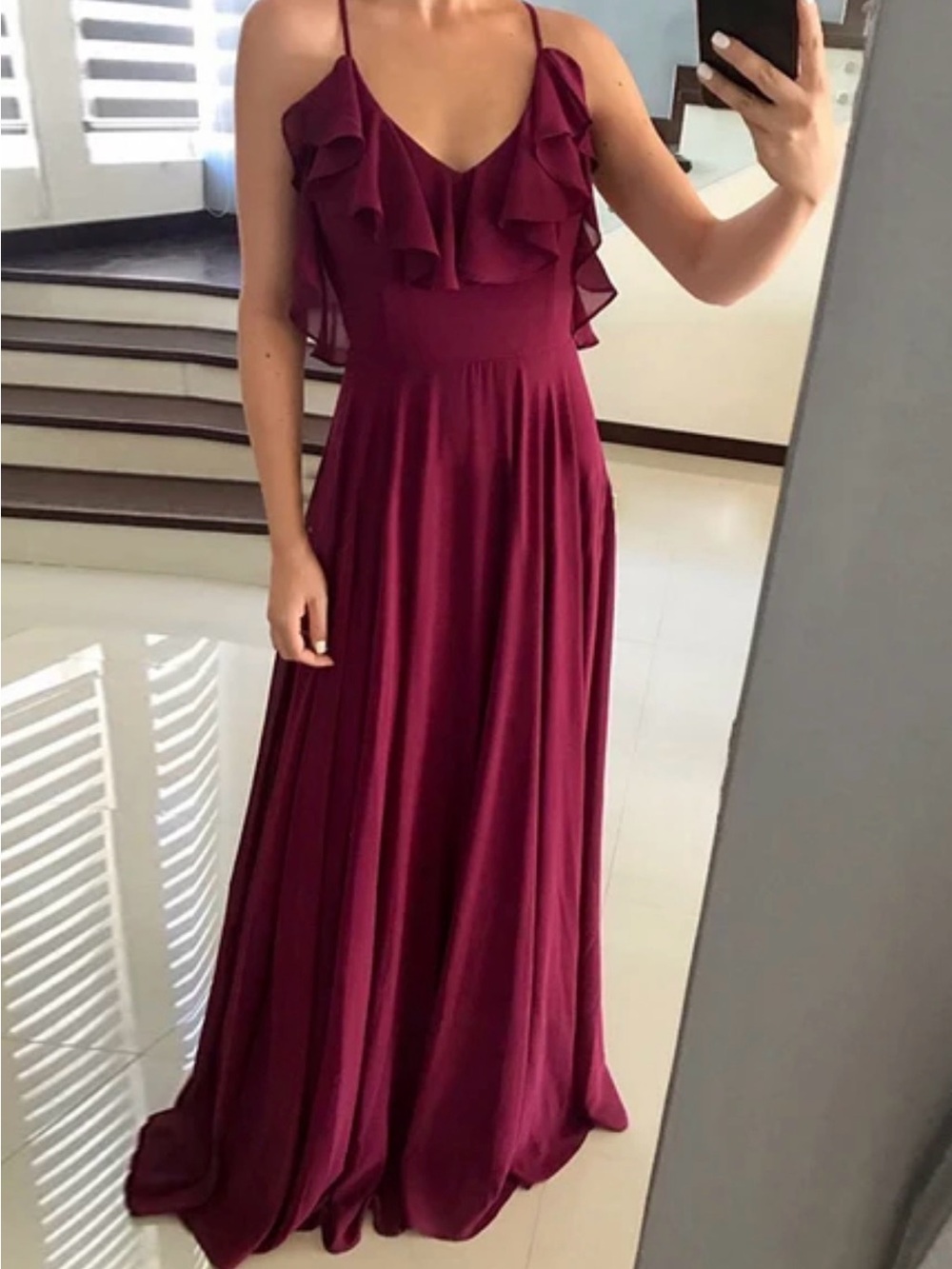 Topshop Burgundy Ruffled V-Neck Maxi Dress